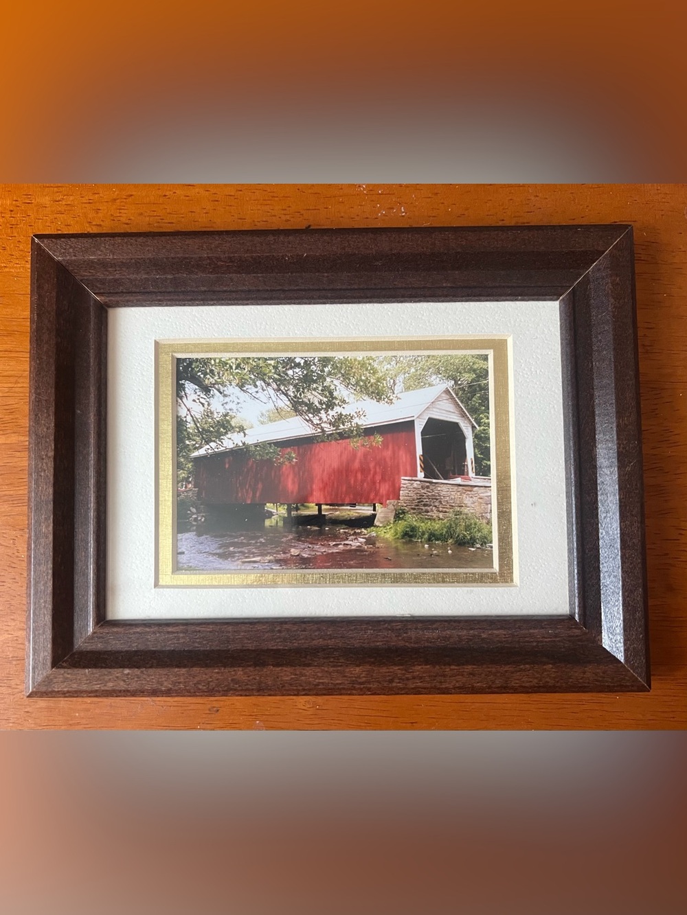Framed Red Covered Bridge Wall Art - Classic Scenic Print 5x7